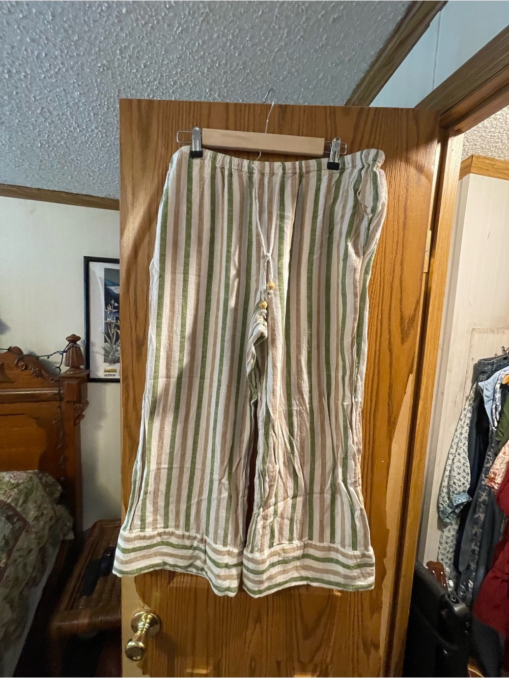 Striped Ankle-Length Linen Blend Pants in Green & Cream